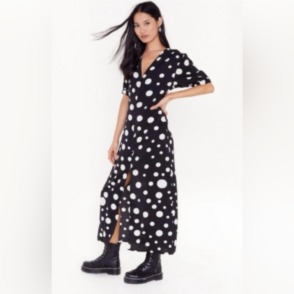 Nasty Gal Black and White Polka Dot Button-Down Maxi / Midi Dress - XS / 2